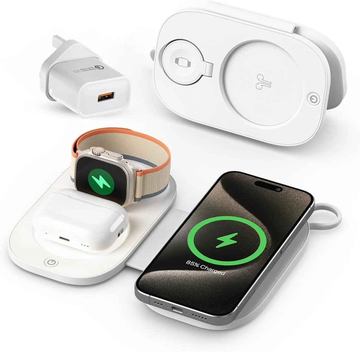 شارژر بی‌سیم مغناطیسی برای تلفن، ساعت و ایرپاد اپل، ایستگاه شارژ بی‌سیم مغناطیسی، دستگاه شارژ سریع همه در یک، شارژر مسافرتی، HWC41-T5 (سفید مات)