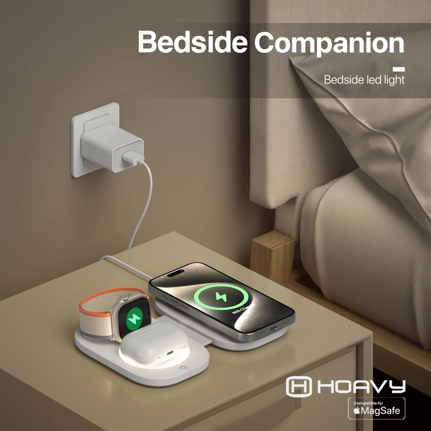 شارژر بی‌سیم مغناطیسی برای تلفن، ساعت و ایرپاد اپل، ایستگاه شارژ بی‌سیم مغناطیسی، دستگاه شارژ سریع همه در یک، شارژر مسافرتی، HWC41-T5 (سفید مات)