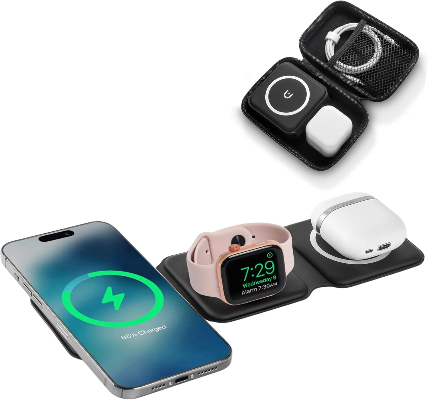 استیشن شارژ بی‌سیم HH-Tech، شارژر سریع مغناطیسی تاشو 3 در 1 با آداپتور 25 واتی و قاب برای آیفون 16/15/14/13/12، واچ 10/9/Ultra2/Ultra/8/7/6/SE/5/4، ایرپادز 4/3/2/Pro (مشکی)