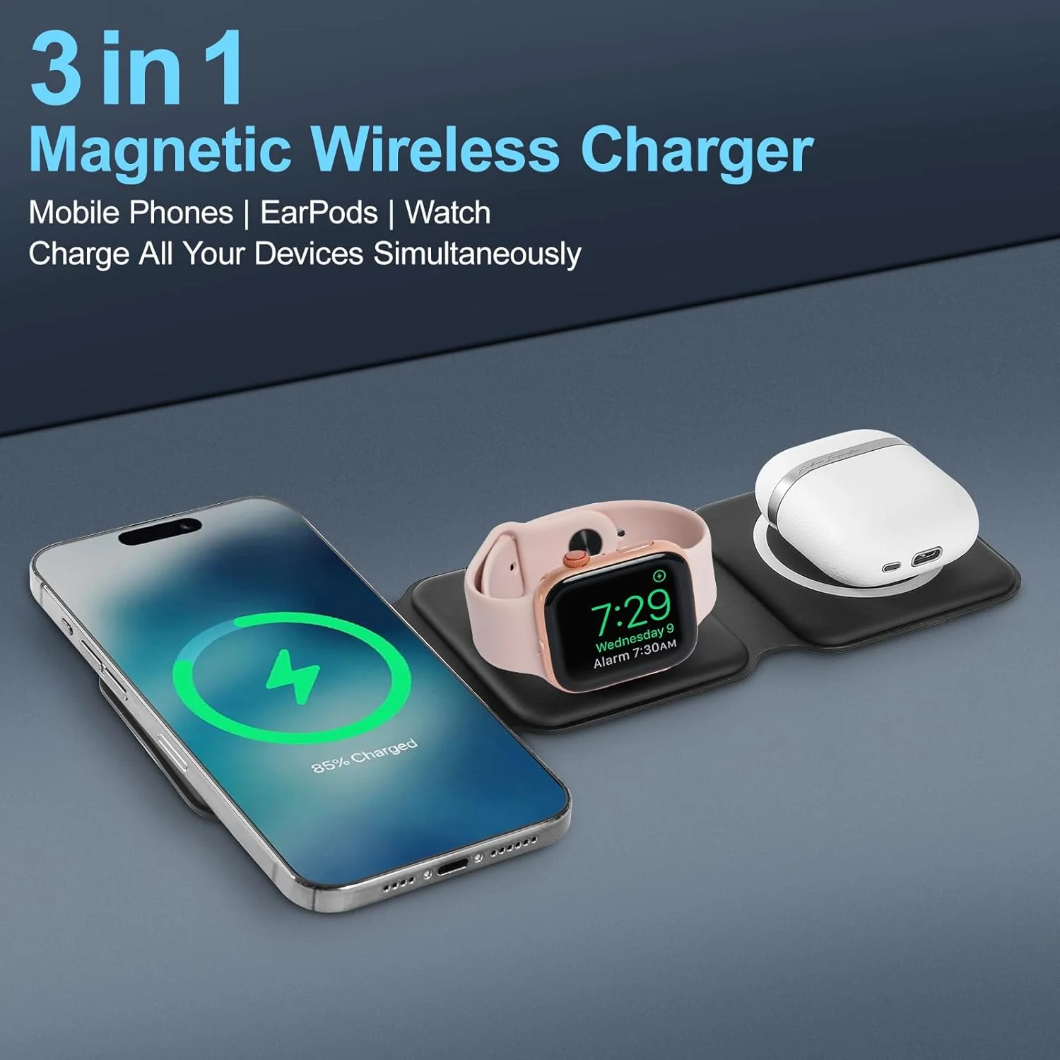استیشن شارژ بی‌سیم HH-Tech، شارژر سریع مغناطیسی تاشو 3 در 1 با آداپتور 25 واتی و قاب برای آیفون 16/15/14/13/12، واچ 10/9/Ultra2/Ultra/8/7/6/SE/5/4، ایرپادز 4/3/2/Pro (مشکی)