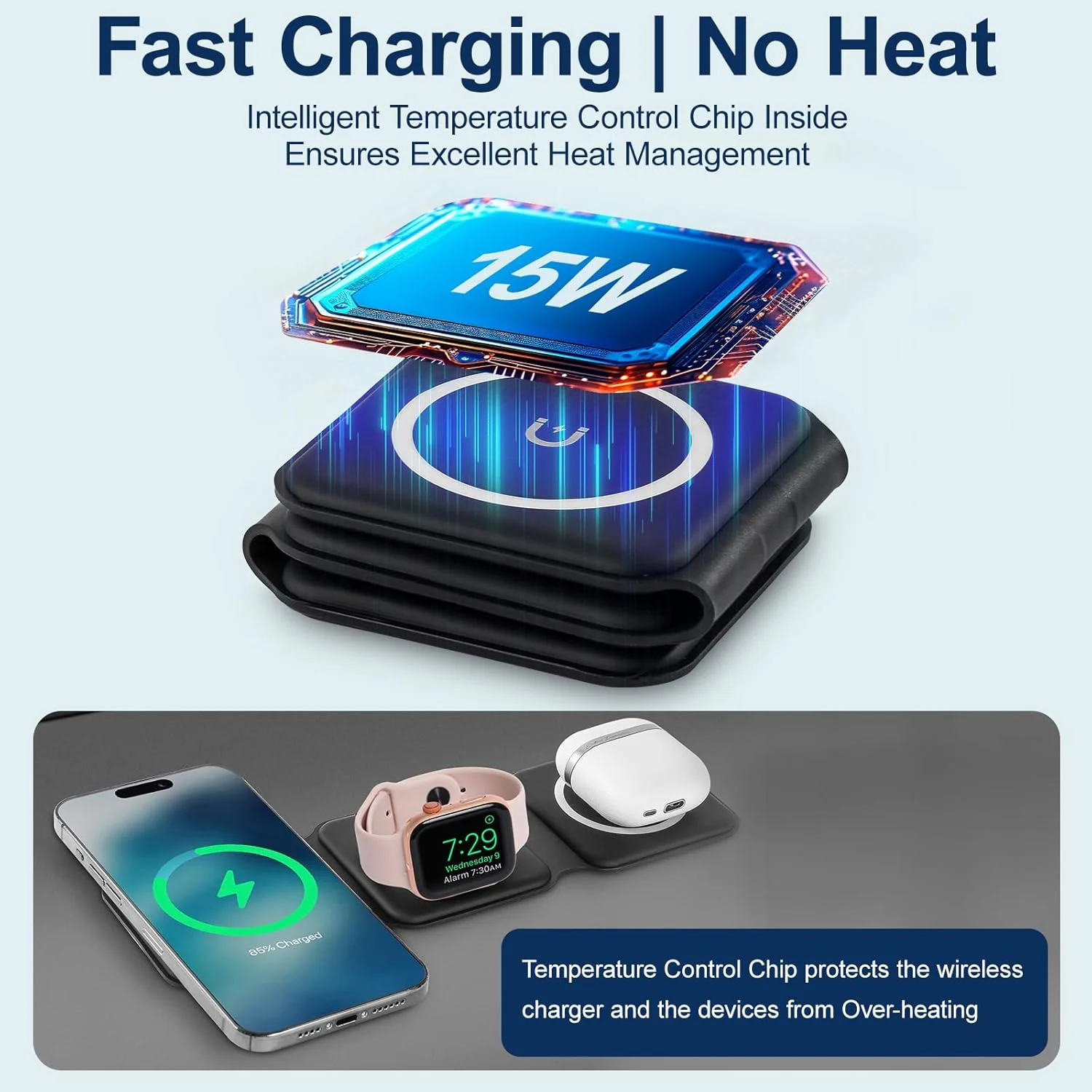 استیشن شارژ بی‌سیم HH-Tech، شارژر سریع مغناطیسی تاشو 3 در 1 با آداپتور 25 واتی و قاب برای آیفون 16/15/14/13/12، واچ 10/9/Ultra2/Ultra/8/7/6/SE/5/4، ایرپادز 4/3/2/Pro (مشکی)