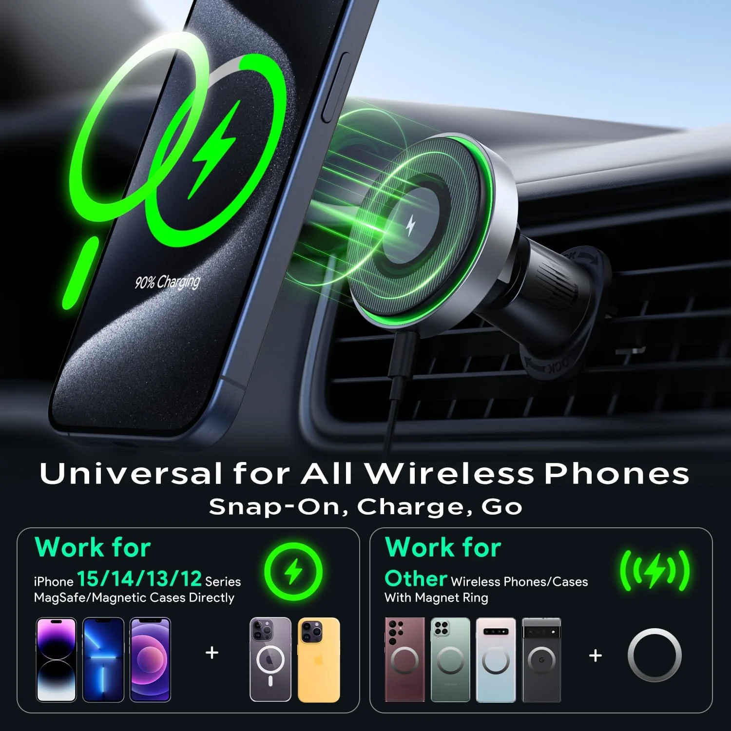 شارژر بی‌سیم خودرو Hinyx، شارژ سریع 15 واتی، سازگار با Mag-Safe برای سری iPhone 14/15/13/12، سامسونگ، شیائومی و غیره