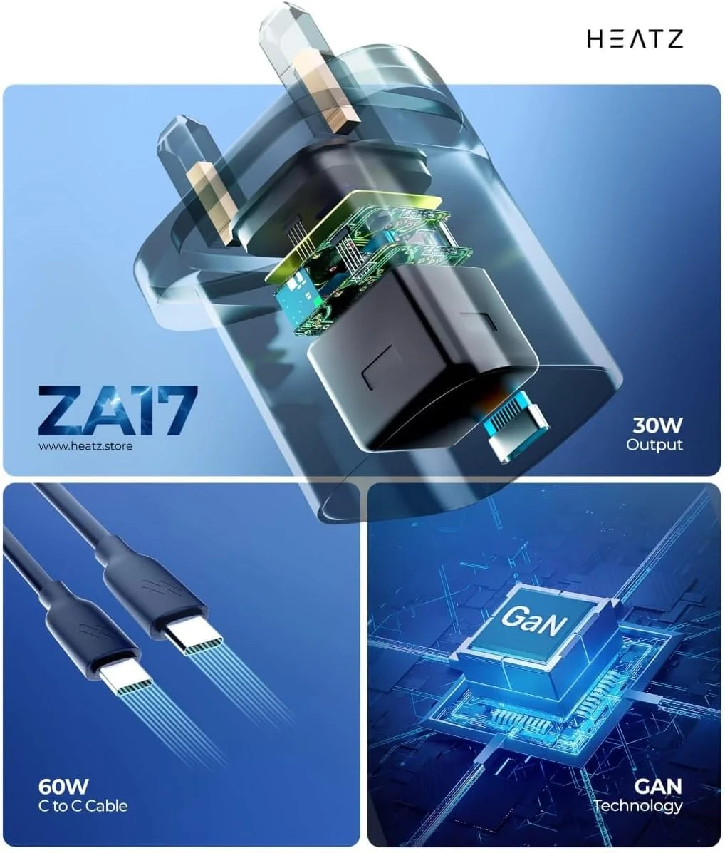 آداپتور شارژر 30 واتی HEATZ USB-C GaN به همراه کابل 60 واتی Type-C، نمایشگر توان لحظه ای، طراحی جمع و جور مناسب مسافرت