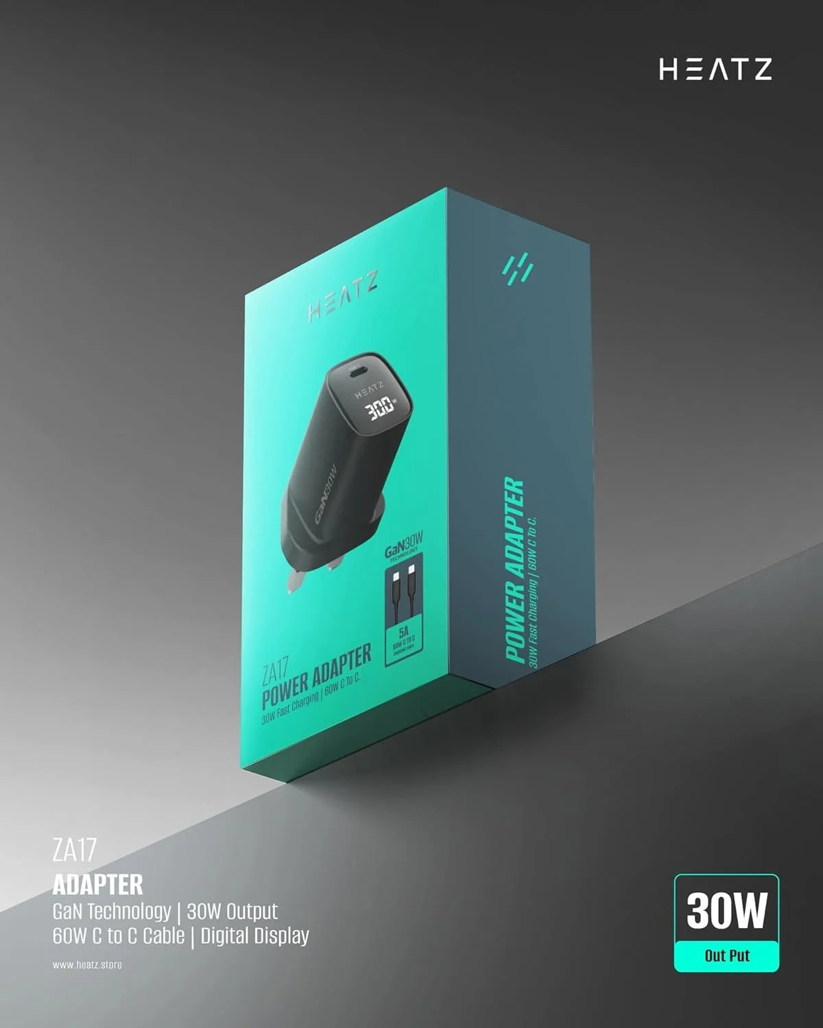 آداپتور شارژر 30 واتی HEATZ USB-C GaN به همراه کابل 60 واتی Type-C، نمایشگر توان لحظه ای، طراحی جمع و جور مناسب مسافرت