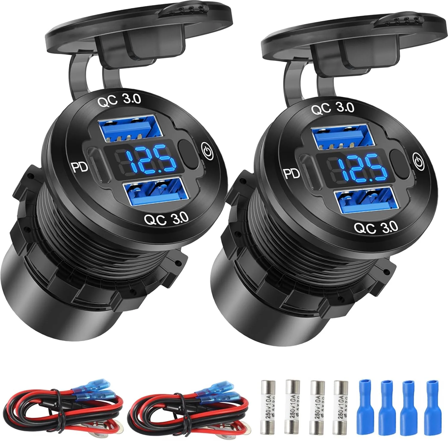 شارژر فندکی آلومینیومی چند پورت USB 12 ولت، دارای دو پورت USB QC 3.0 و پورت USB-C PD به همراه ولت‌متر و کلید روشن/خاموش مناسب خودرو، قایق، کامیون، شارژ سریع برای آیفون، آیپد و غیره