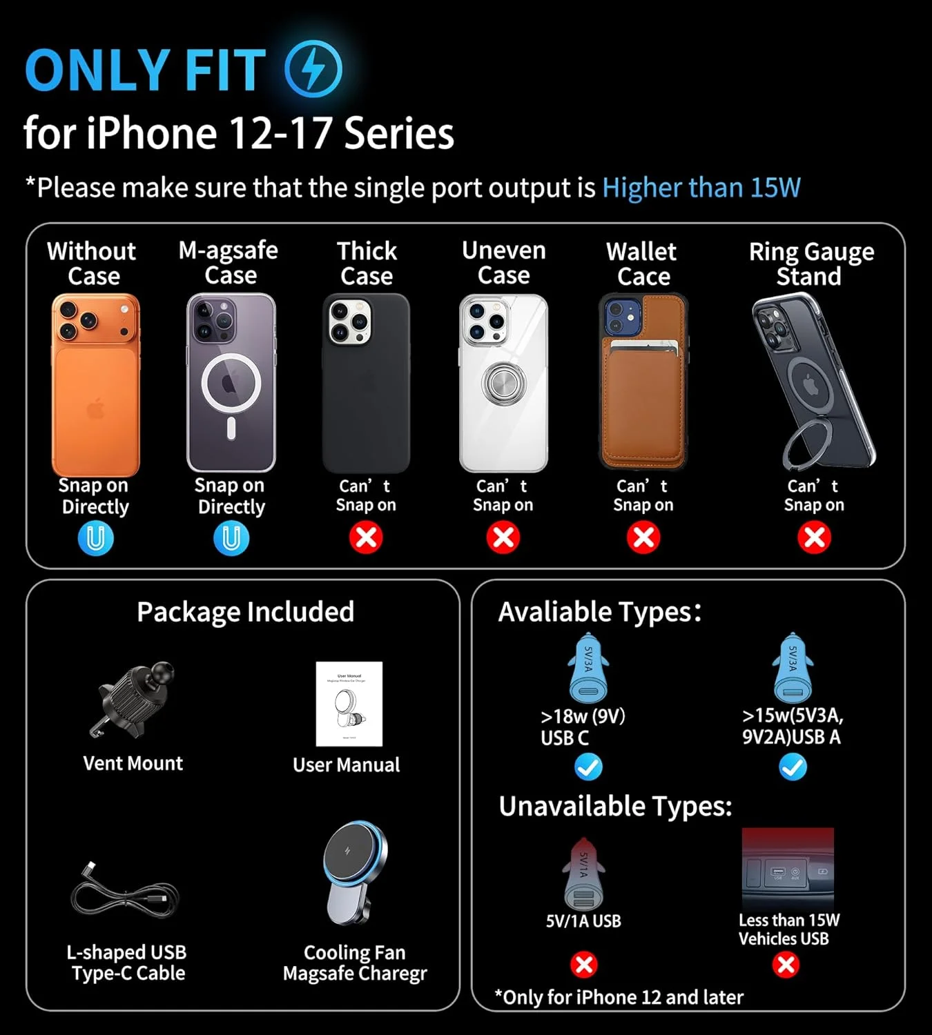 شارژر بی‌سیم مغناطیسی برای دریچه تهویه خودرو، شارژ سریع با فن خنک‌کننده، سازگار با آیفون، شارژر بی‌سیم خودرو