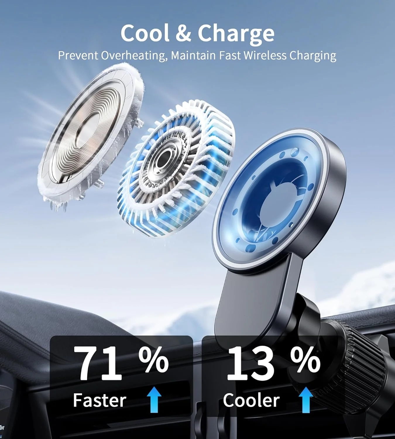 شارژر بی‌سیم مغناطیسی برای دریچه تهویه خودرو، شارژ سریع با فن خنک‌کننده، سازگار با آیفون، شارژر بی‌سیم خودرو