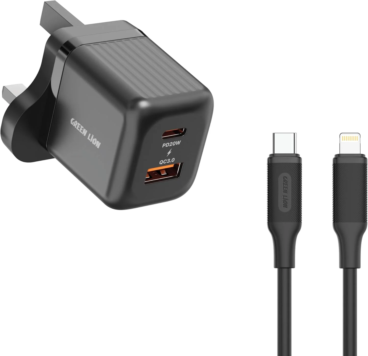 شارژر اصلی فوق فشرده گرین لاین، PD 20W QC3.0، فناوری GaN، پورت های Type-C/Type-A، شارژ سریع، محافظت از شارژ، سازگار با iPhone 17/16/15, S25 (شامل کابل Type-C به Lightning)