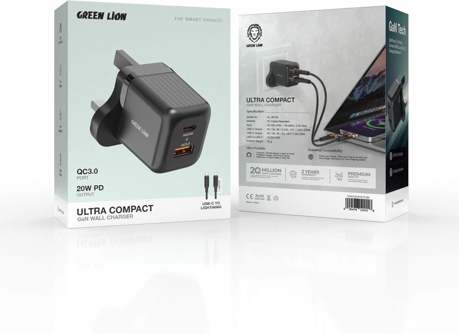 شارژر اصلی فوق فشرده گرین لاین، PD 20W QC3.0، فناوری GaN، پورت های Type-C/Type-A، شارژ سریع، محافظت از شارژ، سازگار با iPhone 17/16/15, S25 (شامل کابل Type-C به Lightning)