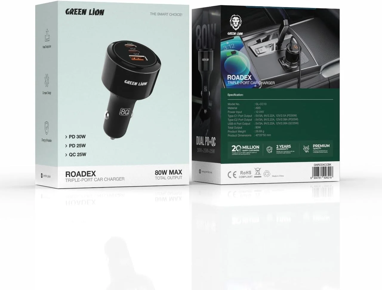 شارژر فندکی سه پورت 80 واتی گرین لاین Roadex، 2 خروجی PD با توان 30 و 25 وات، خروجی QC با توان 25 وات، 2 پورت خروجی USB-C و USB-A، دارای سیستم دفع حرارت، مناسب برای سری آیفون 14/15/16، سامسونگ، آیپد، ایرپاد و غیره