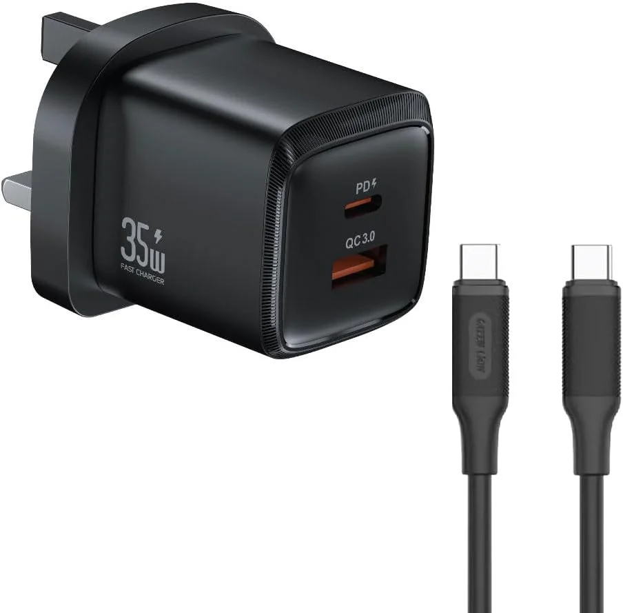 شارژر سریع سری G گرین لاین، پورت USB-C با توان 35 وات PD و پورت USB-A با توان 18 وات QC 3.0، PPS، سازگار با آیفون 16/15/14/13، S25/S24، پاوربانک، طراحی فوق العاده جمع و جور (همراه با کابل 1 متری USB-C به USB-C)