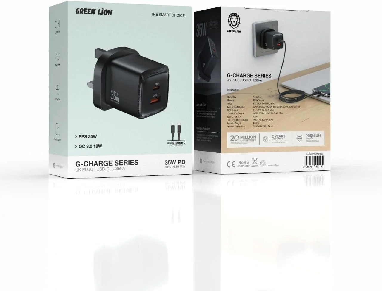 شارژر سریع سری G گرین لاین، پورت USB-C با توان 35 وات PD و پورت USB-A با توان 18 وات QC 3.0، PPS، سازگار با آیفون 16/15/14/13، S25/S24، پاوربانک، طراحی فوق العاده جمع و جور (همراه با کابل 1 متری USB-C به USB-C)