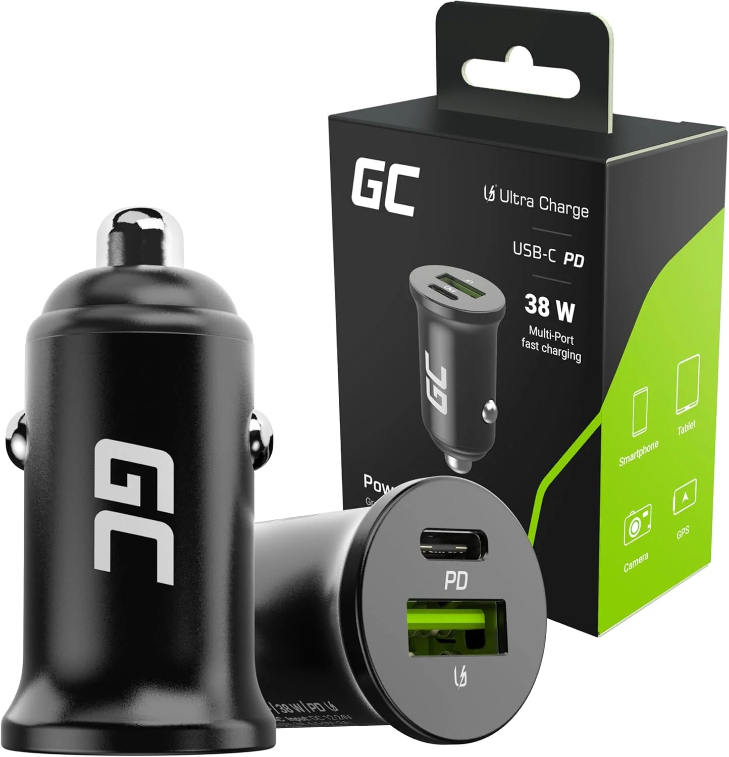 شارژر فندکی خودرو گرین سل USB-C USB 38W دو پورت، آداپتور شارژر موبایل، شارژ فوق سریع، سازگار با آیفون، سامسونگ، شیائومی، GPS، دوربین و ویدیو