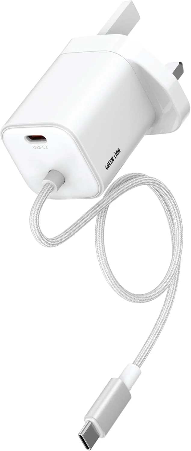 شارژر دیواری Green Lion Bridge GaN، با توان 30 وات PD و 33 وات PPS، دارای کابل Type-C داخلی 1.2 متری، 1 پورت خروجی USB-C، فناوری GaNStorm، شارژر سریع برای آیفون 17/16/15/14، S25/S24/S23 و پاوربانک ها - سفید