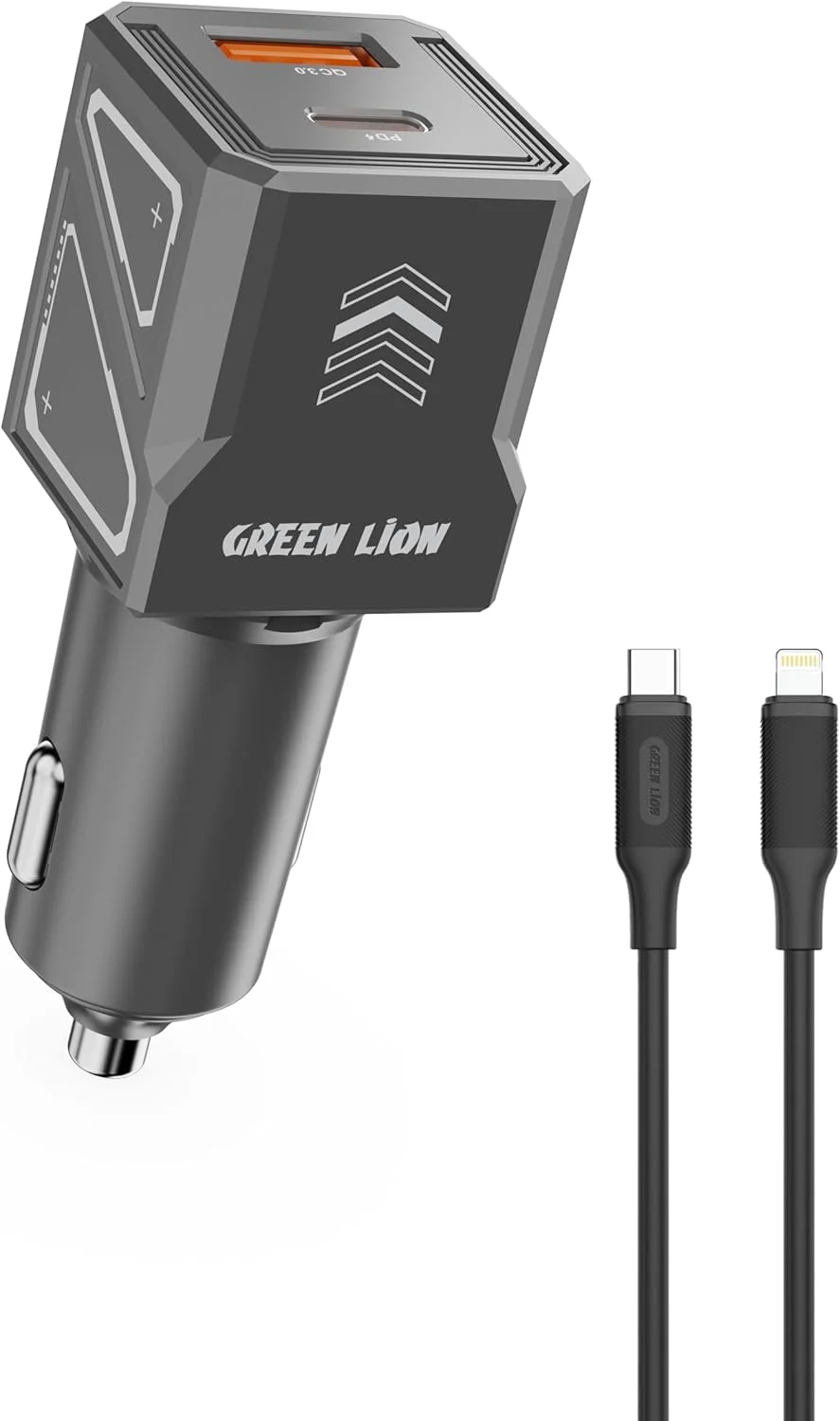 شارژر فندکی دو پورت Green Lion، آداپتور PD 30W Type C، شارژ 30W QC پورت USB-A، دفع حرارت، طراحی سایبرپانک، سازگار با سری iPhone 16/15/14، کابل 1 متری USB-C به لایتنینگ