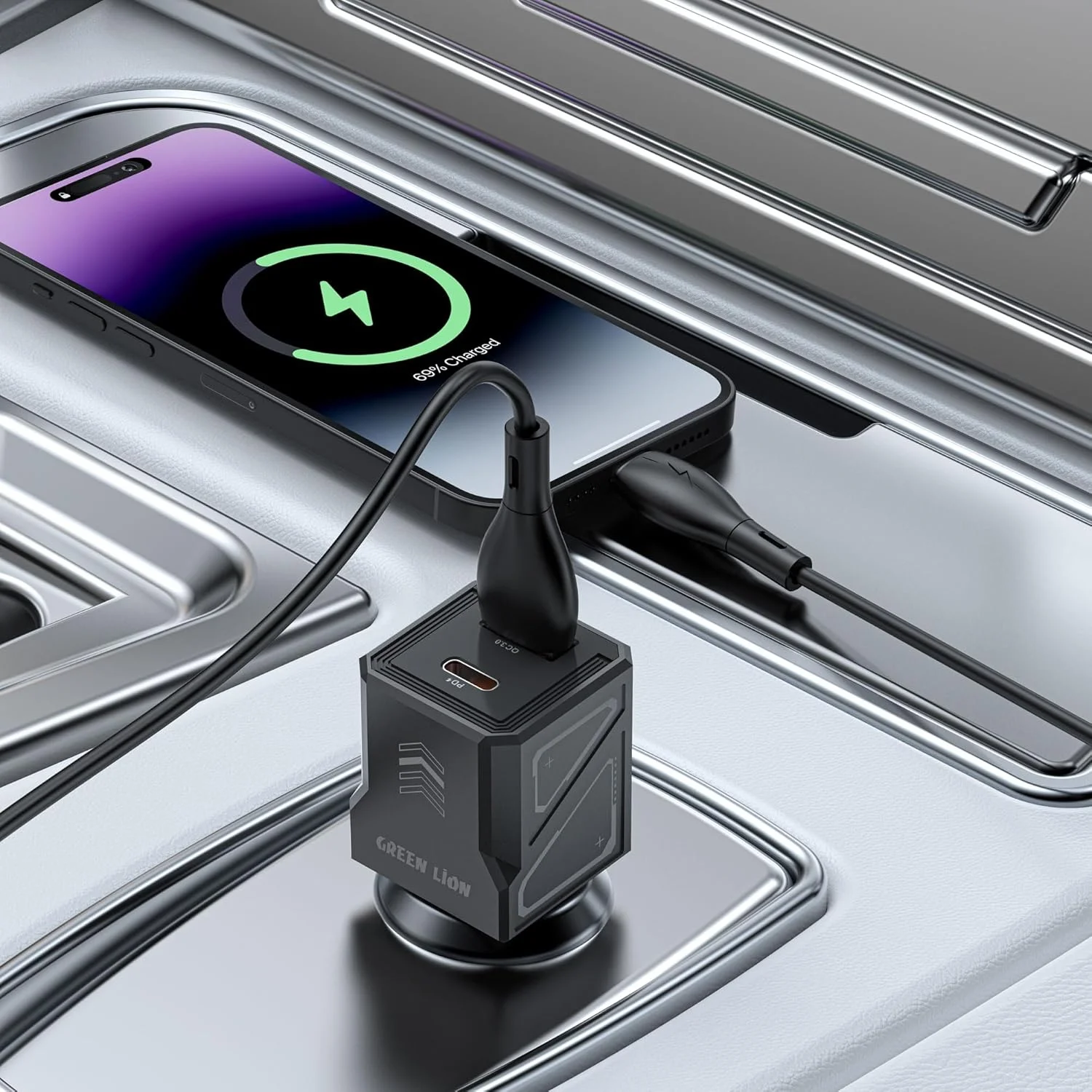 شارژر فندکی دو پورت Green Lion، آداپتور PD 30W Type C، شارژ 30W QC پورت USB-A، دفع حرارت، طراحی سایبرپانک، سازگار با سری iPhone 16/15/14، کابل 1 متری USB-C به لایتنینگ