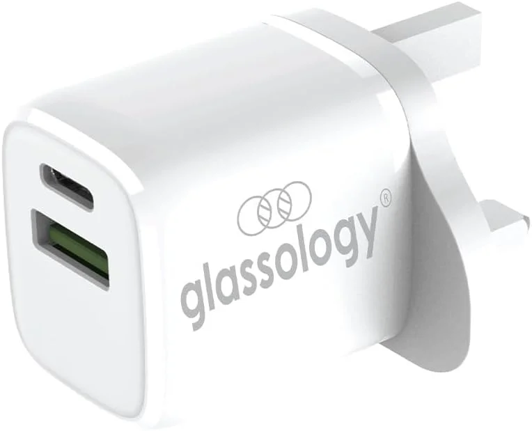 شارژر دیواری سریع 30 واتی Glassology با دو پورت USB A و C، آداپتور برق مسافرتی هوشمند و جمع و جور، سفید