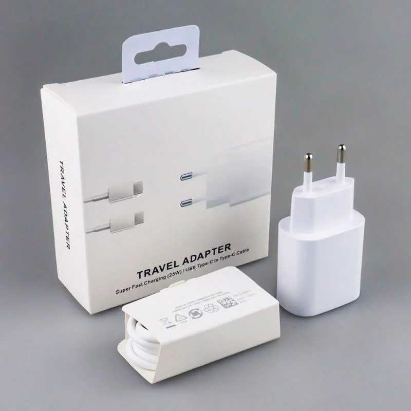 شارژر سریع 25 واتی USB-C با دوشاخه اصلی بریتانیا - شارژ سریع، سازگاری جهانی برای تلفن های هوشمند و تبلت ها، طراحی قابل حمل (دوشاخه EU با کابل USB C به USB C)