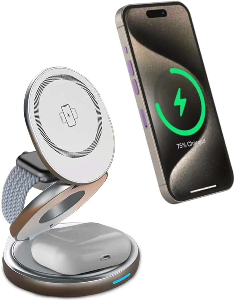 پد شارژر وایرلس مغناطیسی 3 در 1 Glassology با توان 22.5 وات برای شارژ سریع آیفون 16/15/14/13/12/SE/11، اپل واچ و ایرپادز - سفید