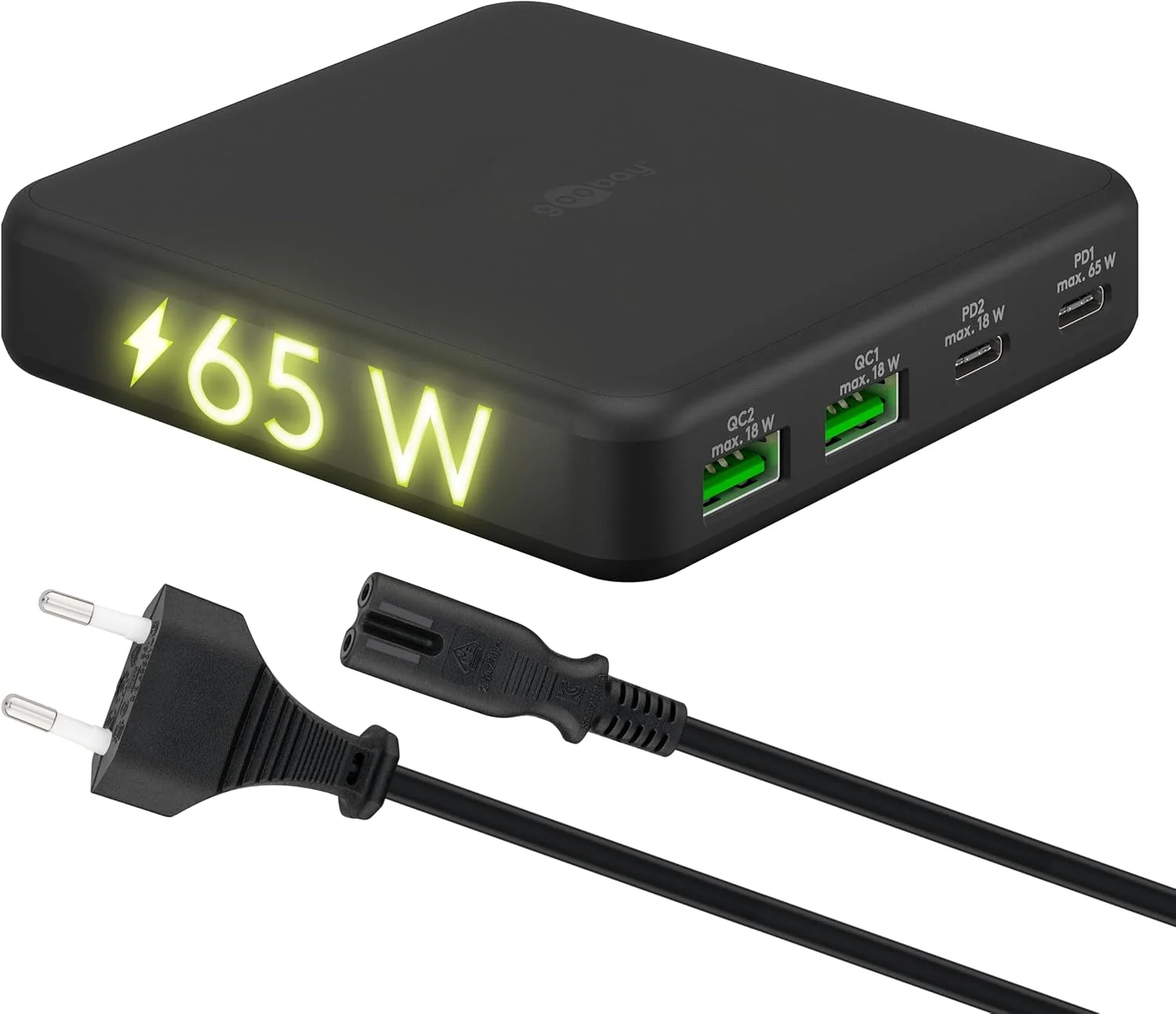 شارژر چند پورت goobay، USB-C PD GAN 65W، دارای 2 پورت C (Power Delivery) و 2 پورت A (Quick Charge 3.0)، ایستگاه شارژ سریع با 4 ورودی، سازگار با MacBook، iPhone، Samsung شارژر چند پورت goobay، USB-C PD GAN 65W، دارای 2 پورت C (Power Delivery) و 2 پورت A (Quick Charge 3.0)، ایستگاه شارژ سریع با 4 ورودی، سازگار با MacBook، iPhone، Samsung
