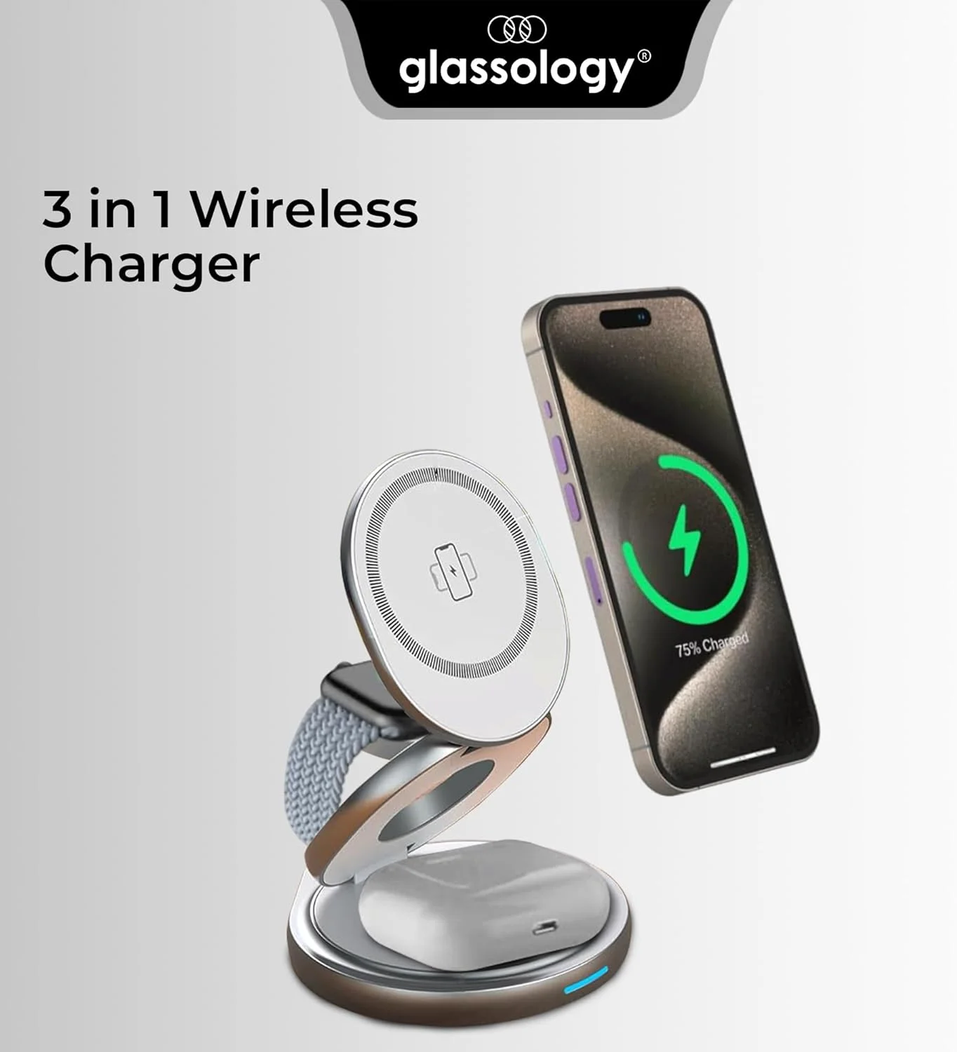 پد شارژر وایرلس مغناطیسی 3 در 1 Glassology با توان 22.5 وات برای شارژ سریع آیفون 16/15/14/13/12/SE/11، اپل واچ و ایرپادز - سفید پد شارژر وایرلس مغناطیسی 3 در 1 Glassology با توان 22.5 وات برای شارژ سریع آیفون 16/15/14/13/12/SE/11، اپل واچ و ایرپادز - سفید