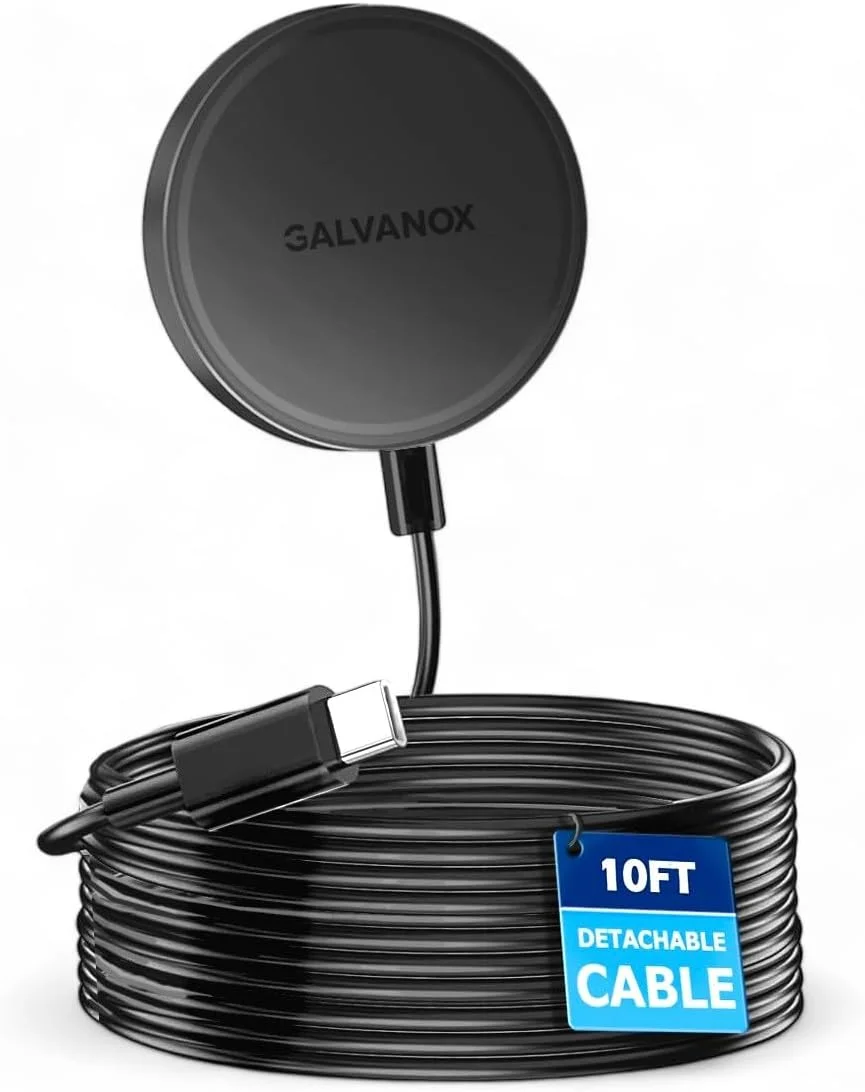 شارژر بی‌سیم بلند GALVANOX، سازگار با MagSafe (کابل 3 متری) پد شارژ سریع مغناطیسی 15 واتی برای آیفون با سیم انعطاف‌پذیر و قابل جابجایی (مشکی)