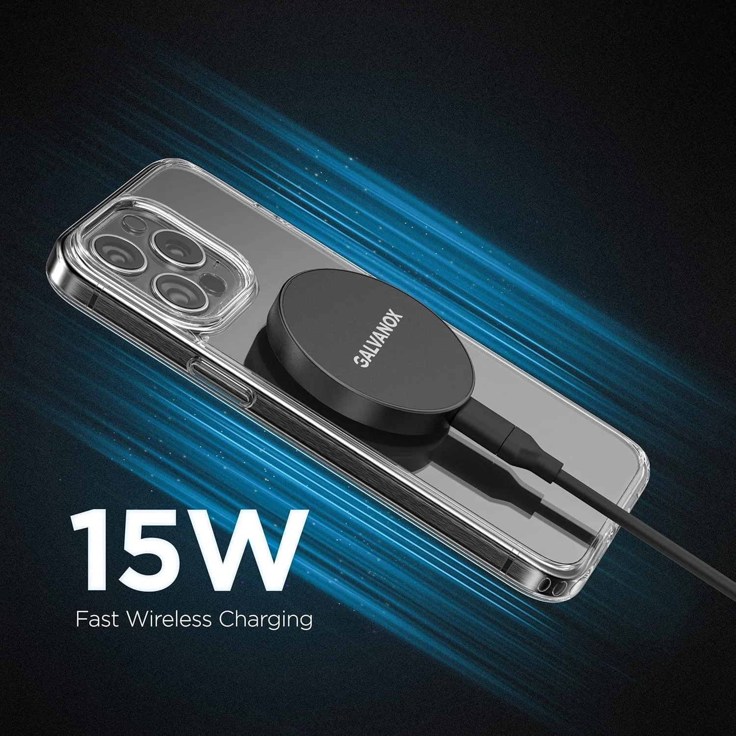 شارژر بی‌سیم بلند GALVANOX، سازگار با MagSafe (کابل 3 متری) پد شارژ سریع مغناطیسی 15 واتی برای آیفون با سیم انعطاف‌پذیر و قابل جابجایی (مشکی)
