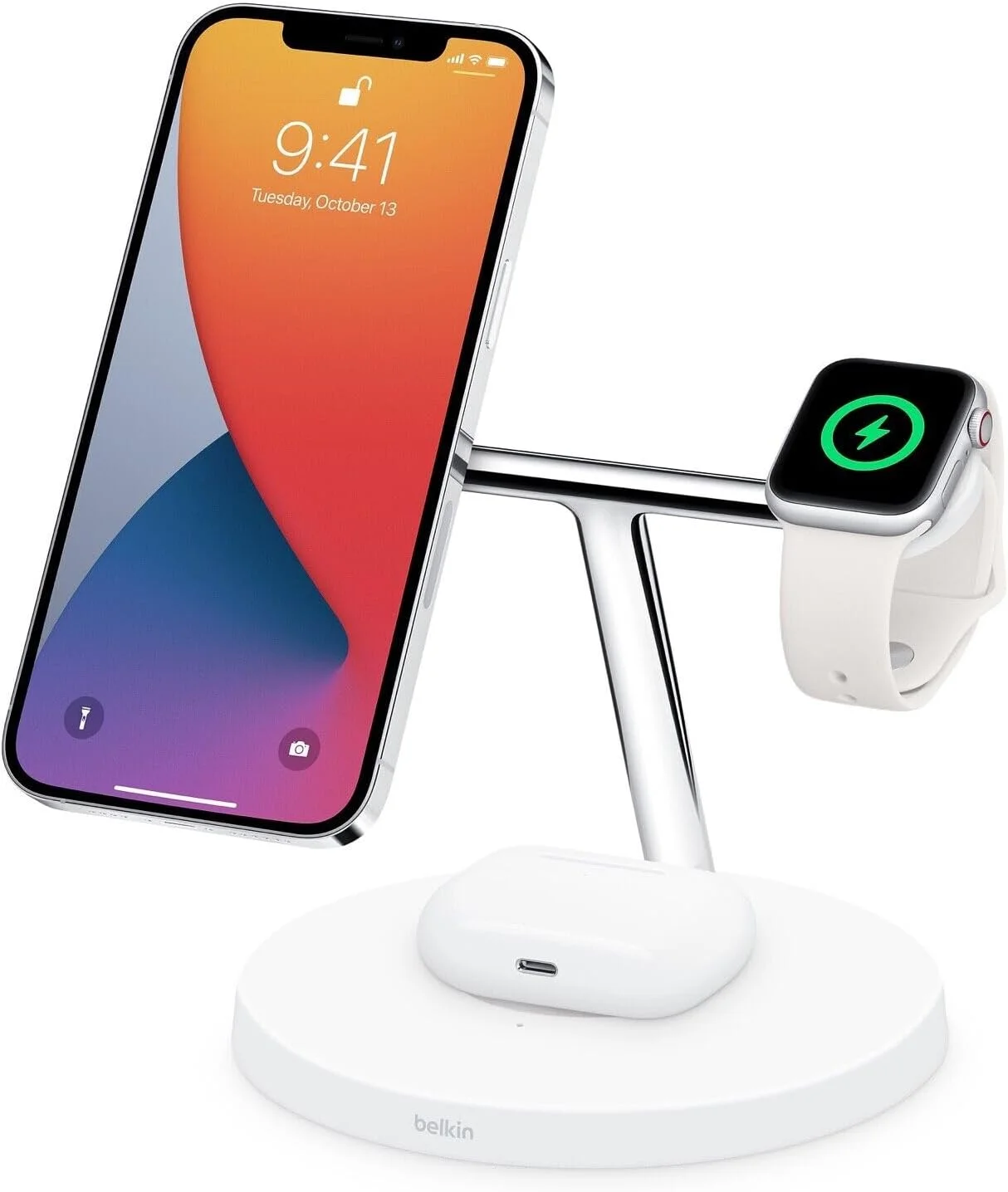 پایه شارژر بی‌سیم مغناطیسی چند منظوره 3 در 1 با توان 25 وات برای آیفون، اپل واچ، ایرپادز و دستگاه‌های دارای قابلیت Qi به همراه چراغ خواب