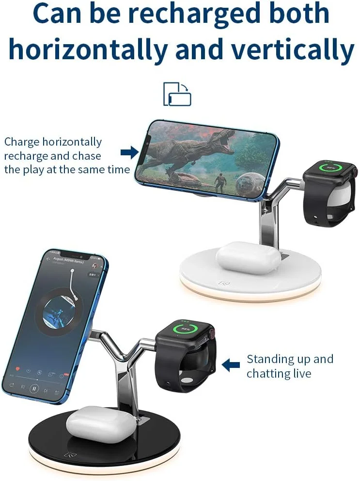 پایه شارژر بی‌سیم مغناطیسی چند منظوره 3 در 1 با توان 25 وات برای آیفون، اپل واچ، ایرپادز و دستگاه‌های دارای قابلیت Qi به همراه چراغ خواب