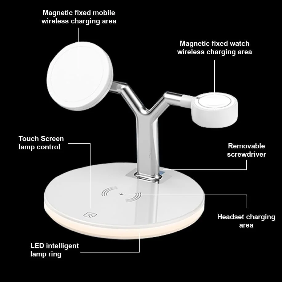 پایه شارژر بی‌سیم مغناطیسی چند منظوره 3 در 1 با توان 25 وات برای آیفون، اپل واچ، ایرپادز و دستگاه‌های دارای قابلیت Qi به همراه چراغ خواب