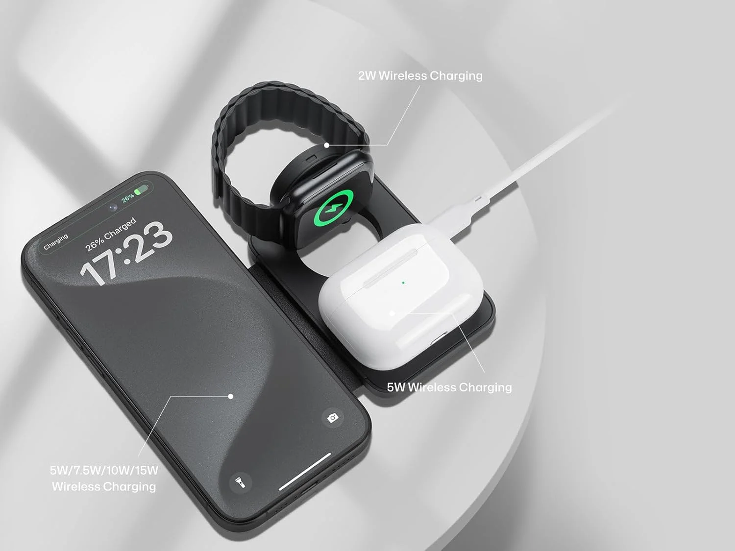 استند شارژر وایرلس مغناطیسی تاشو 3 در 1 بنکس، شارژ سریع 15 واتی همه کاره، برای آیفون، اپل واچ، ایرپاد با زاویه متغیر، جمع و جور برای مسافرت (مشکی، W12)