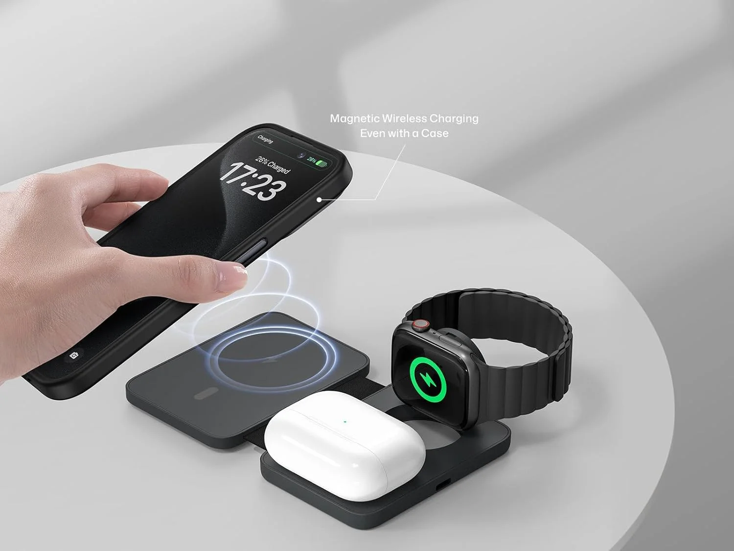 استند شارژر وایرلس مغناطیسی تاشو 3 در 1 بنکس، شارژ سریع 15 واتی همه کاره، برای آیفون، اپل واچ، ایرپاد با زاویه متغیر، جمع و جور برای مسافرت (مشکی، W12)