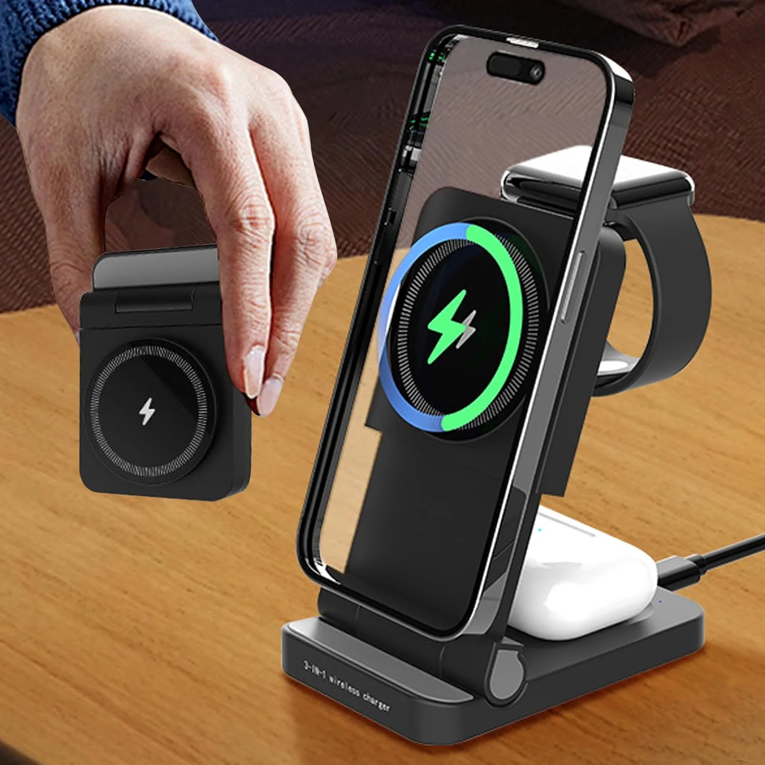 پایه شارژ مغناطیسی تاشو، ایستگاه شارژ بی سیم 3 در 1 برای دستگاه های متعدد: آیفون 16/15/14/13/12، اپل واچ 9/8/7/6/SE/5/4/3/2، ایرپادز 4/3/2/Pro با قابلیت شارژ بی سیم. (مشکی)