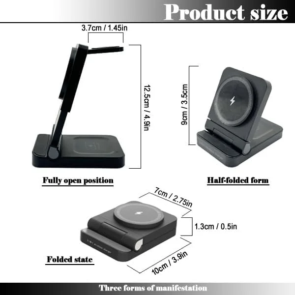 پایه شارژ مغناطیسی تاشو، ایستگاه شارژ بی سیم 3 در 1 برای دستگاه های متعدد: آیفون 16/15/14/13/12، اپل واچ 9/8/7/6/SE/5/4/3/2، ایرپادز 4/3/2/Pro با قابلیت شارژ بی سیم. (مشکی)