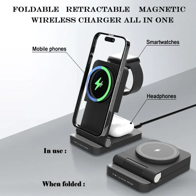 پایه شارژ مغناطیسی تاشو، ایستگاه شارژ بی سیم 3 در 1 برای دستگاه های متعدد: آیفون 16/15/14/13/12، اپل واچ 9/8/7/6/SE/5/4/3/2، ایرپادز 4/3/2/Pro با قابلیت شارژ بی سیم. (مشکی)