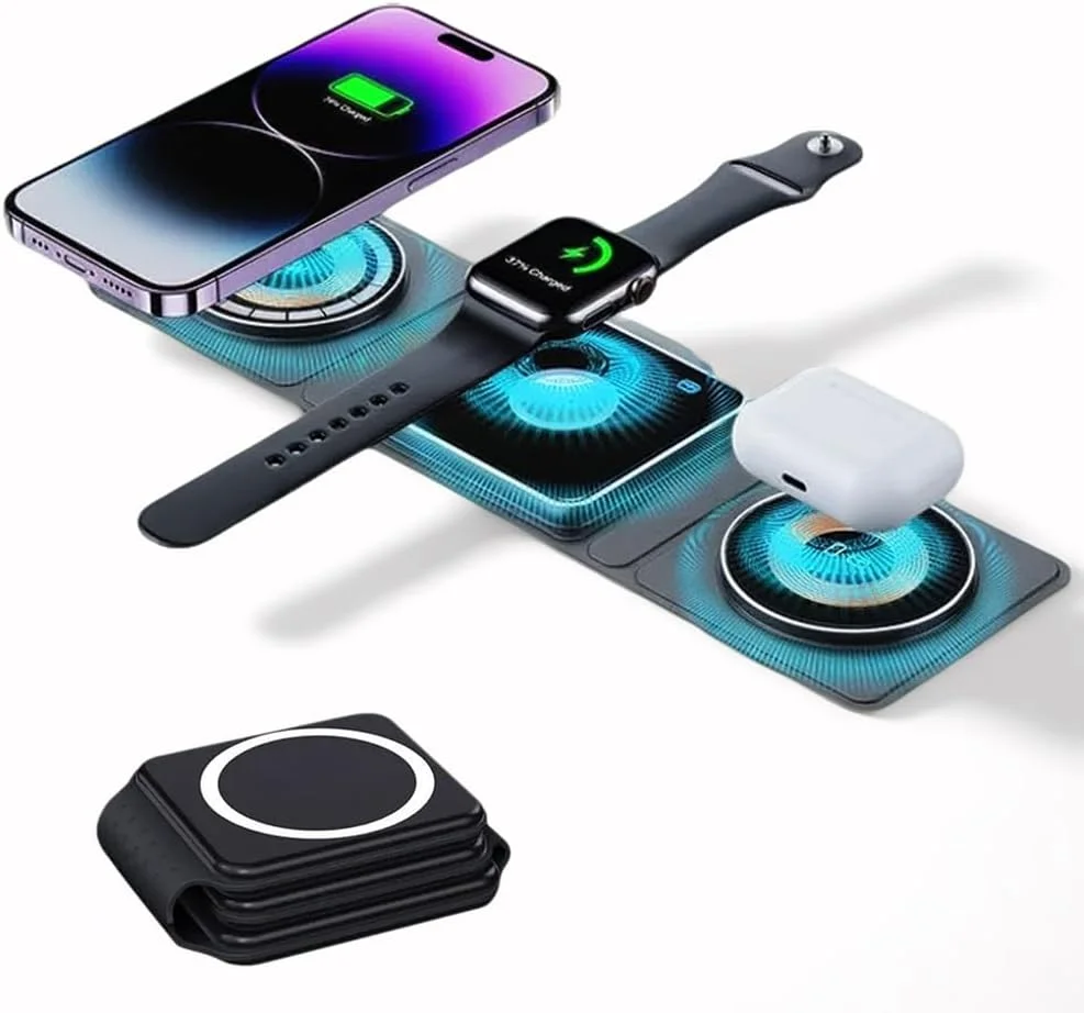 شارژر مغناطیسی تاشو 3 در 1 برای سری آیفون 12 تا 16 | استند شارژ سریع اپل واچ + پد دارای گواهی Qi برای تلفن های اندرویدی و هدفون (مشکی) شارژر مغناطیسی تاشو 3 در 1 برای سری آیفون 12 تا 16 | استند شارژ سریع اپل واچ + پد دارای گواهی Qi برای تلفن های اندرویدی و هدفون (مشکی)