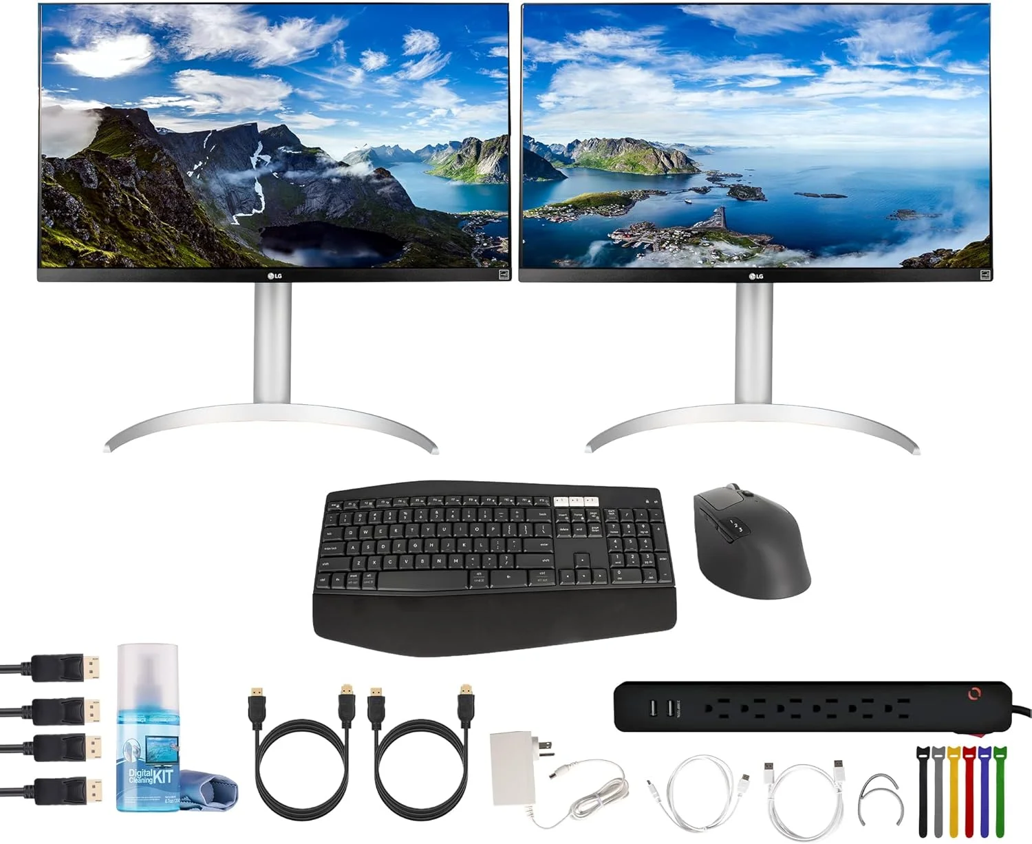 مانیتور 27 اینچی ال‌جی مدل 27UP650-W با رزولوشن 4K UHD IPS (دو عدد) | نمایشگر 16:9 FreeSync با HDR10 و VESA DisplayHDR 400 | مناسب ویرایش عکس، طراحی، کاربری اداری و گیمینگ (27UP650-W) + ماوس و کیبورد + محافظ برق + سایر موارد