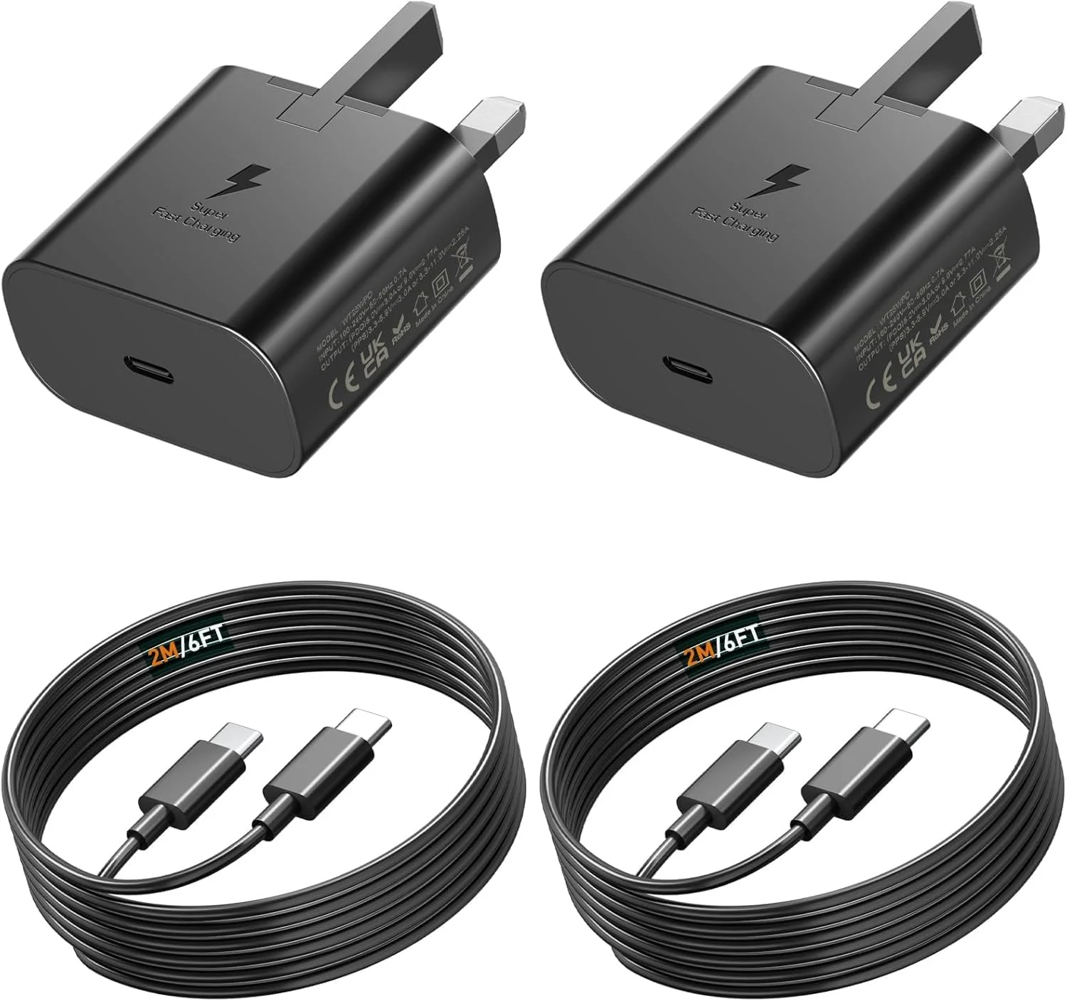 شارژر سریع سازگار با سامسونگ (2 عددی) - شارژر 25 واتی USB C با کابل های C به طول 2 متر، آداپتور سریع 25 واتی سازگار با سامسونگ Ultra S24/S23/S22, Galaxy A54, Note20, Galaxy Watch