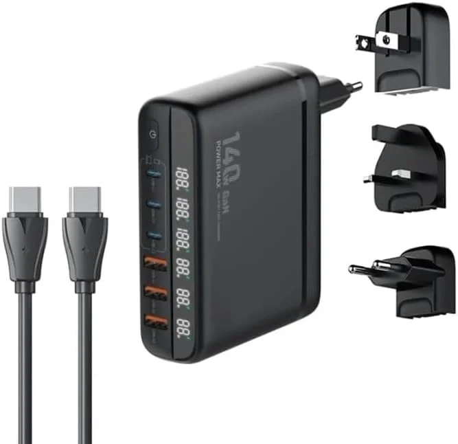 شارژر 140 واتی USB C فکتوتک GaN با 6 پورت LED، شارژ سریع USB، شارژر لپ تاپ USB C، دوشاخه هندی قابل تعویض برای مک بوک پرو/ایر، دل XPS، آی-فون 15 پرو، آی-پد پرو، گلکسی، پیکسل، تلفن های هوشمند