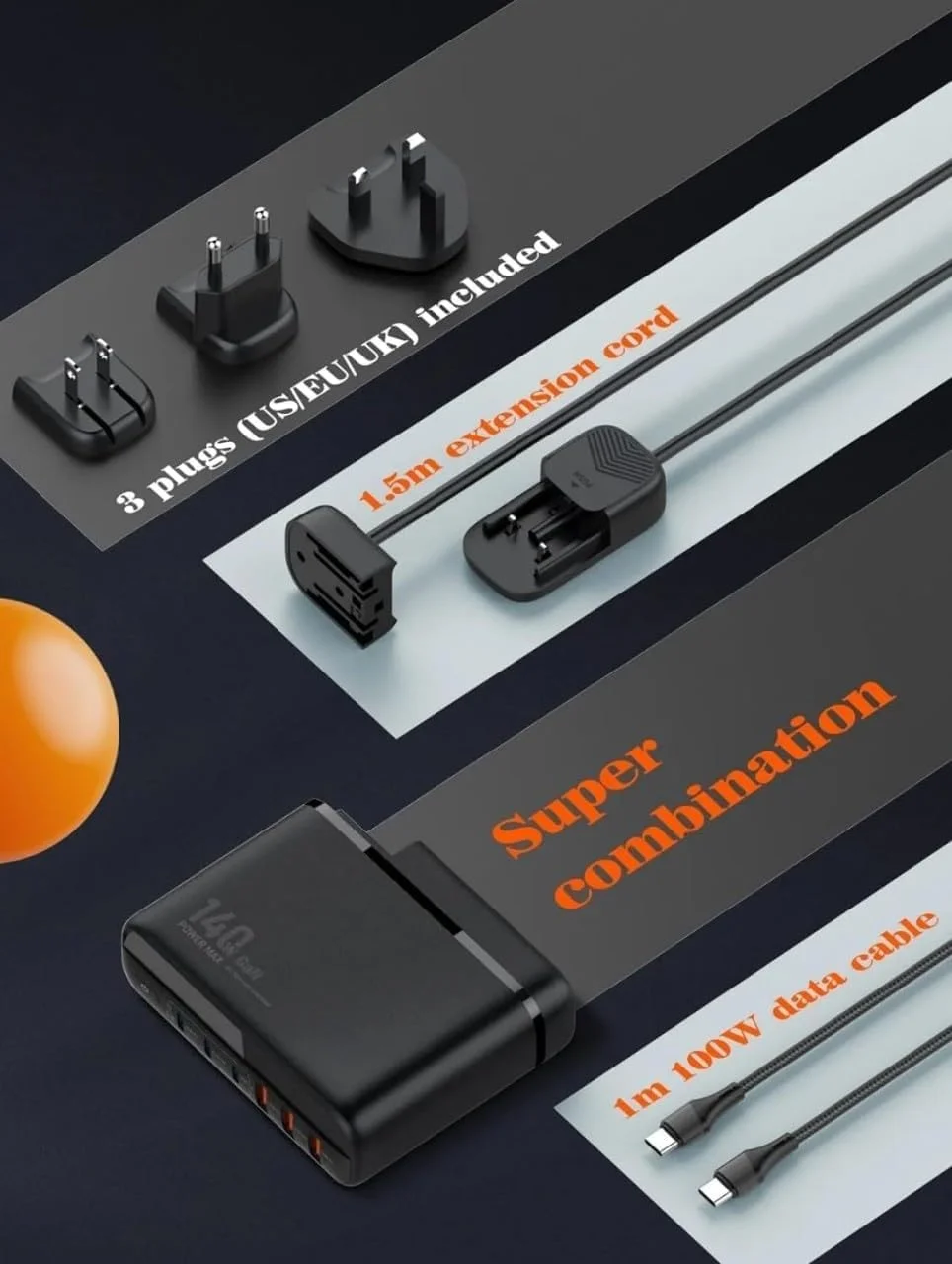 شارژر 140 واتی USB C فکتوتک GaN با 6 پورت LED، شارژ سریع USB، شارژر لپ تاپ USB C، دوشاخه هندی قابل تعویض برای مک بوک پرو/ایر، دل XPS، آی-فون 15 پرو، آی-پد پرو، گلکسی، پیکسل، تلفن های هوشمند