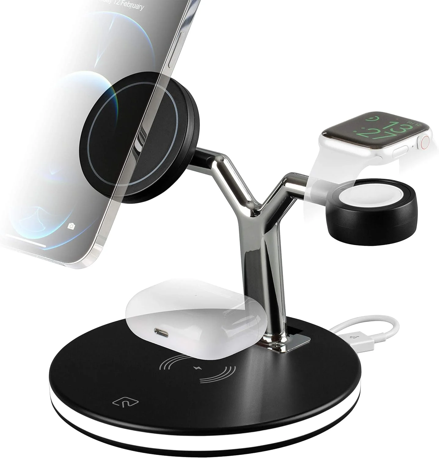 شارژر بی‌سیم 3 در 1 Excefore با قابلیت اتصال مغناطیسی ایمن برای تمام آیفون‌های 12/13، شارژر بی‌سیم برای تمام iWatch و محفظه شارژ بی‌سیم AirPods، چراغ‌های جادویی قابل تنظیم