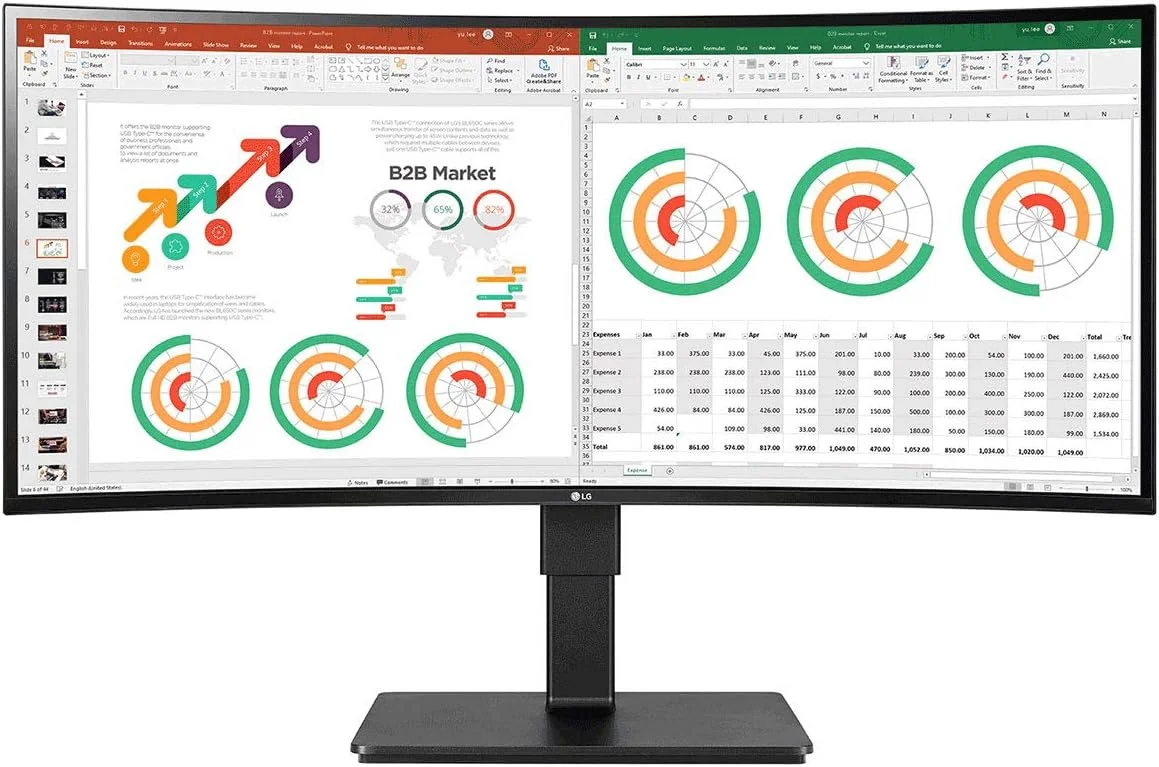 مانیتور خمیده فوق عریض 34 اینچی LG IPS QHD (3440x1440) با نسبت تصویر 21:9، HDR10، پوشش رنگی sRGB 99%، کنترلر دوگانه و MaxxAudio، مشکی (34BN770-B)