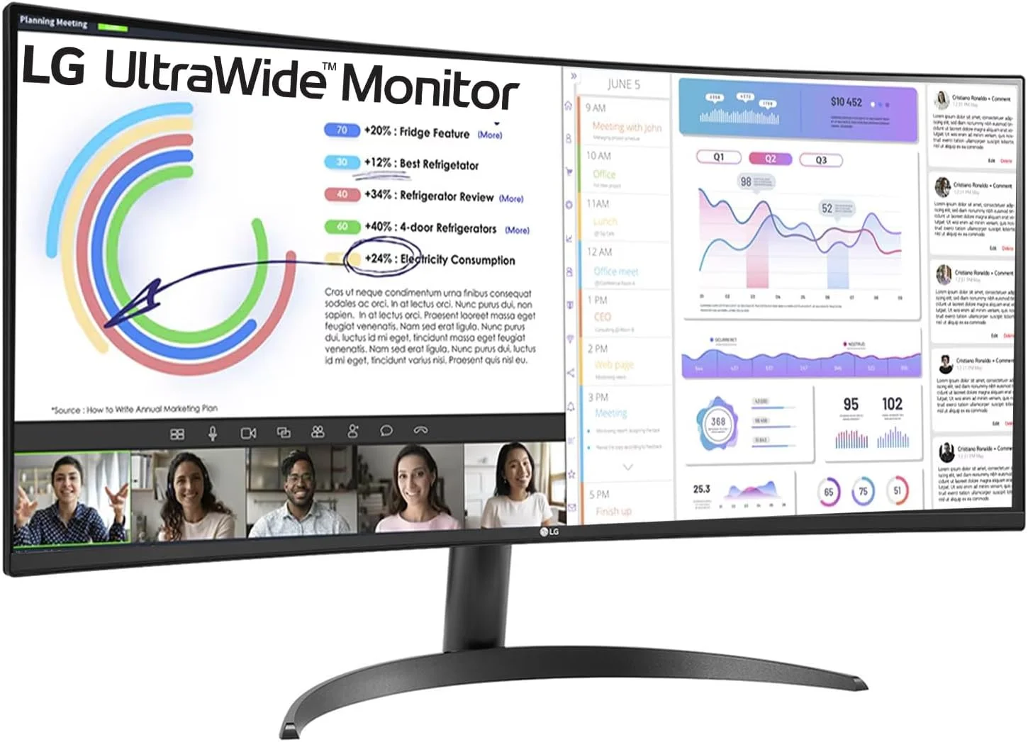 مانیتور فوق عریض خمیده 34 اینچی ال‌جی با نسبت تصویر 21:9، رزولوشن WQHD (3440x1440 پیکسل)، پوشش 99% sRGB (Typ)، HDR 10، کنترلر دوگانه، PBP، Flicker Safe، صرفه جویی هوشمند در انرژی، HDMI، DP، خروجی هدفون، قابلیت تنظیم شیب، مشکی، مدل 34WR50QC