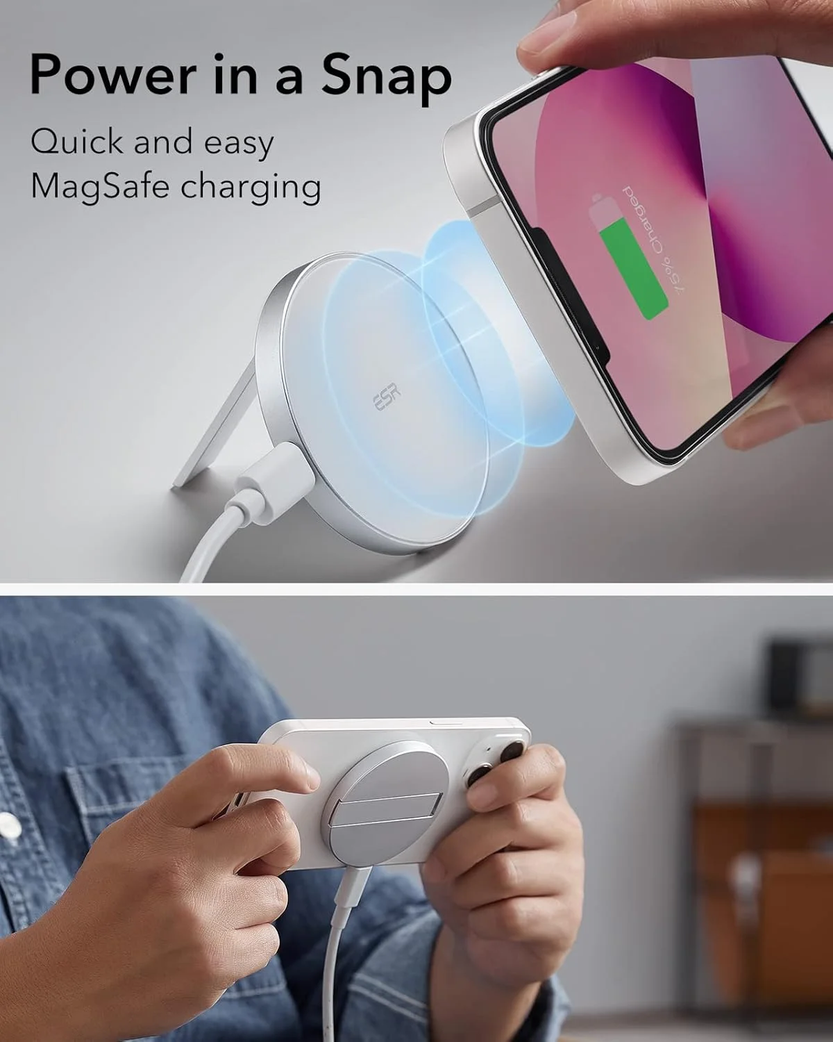 شارژر بی‌سیم ESR برای شارژر MagSafe، شارژر مغناطیسی با پایه، سازگار با پایه MagSafe برای سری آیفون 17/16/15/14/13/12، ایرپادز 4، با کابل جداشدنی 1.5 متری، سفید