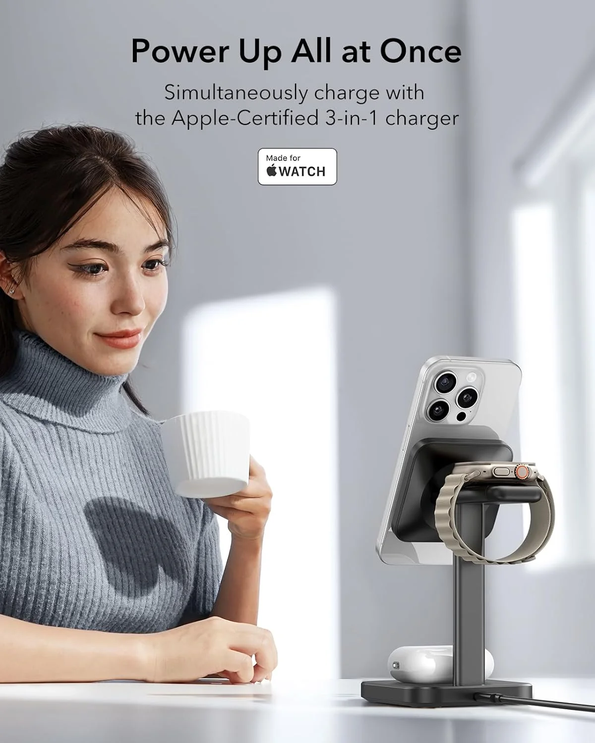 پایه شارژر 3 در 1 مگ‌سیف ESR، شارژر دارای گواهی Made for Apple Watch قابل جابجایی، ایستگاه شارژ مگ‌سیف، ایستگاه مغناطیسی برای سری آیفون 17/16/15/14/13/12، ایرپادز 4/3/Pro، مشکی