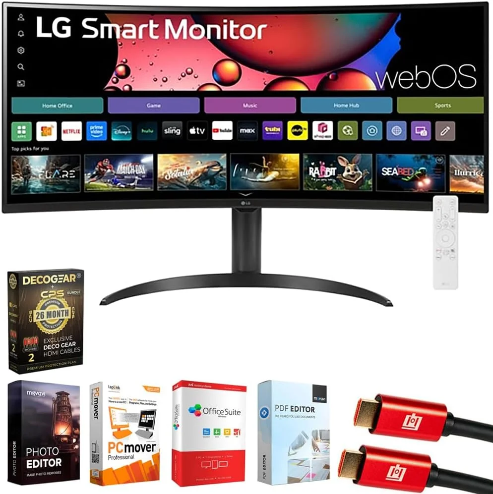 مانیتور هوشمند خمیده 34 اینچی ال‌جی مدل 34SR65QC-B با رزولوشن WQHD 1440P به همراه پایه قابل تنظیم، بسته نرم‌افزاری Elite Suite 18 و 2 کابل HDMI