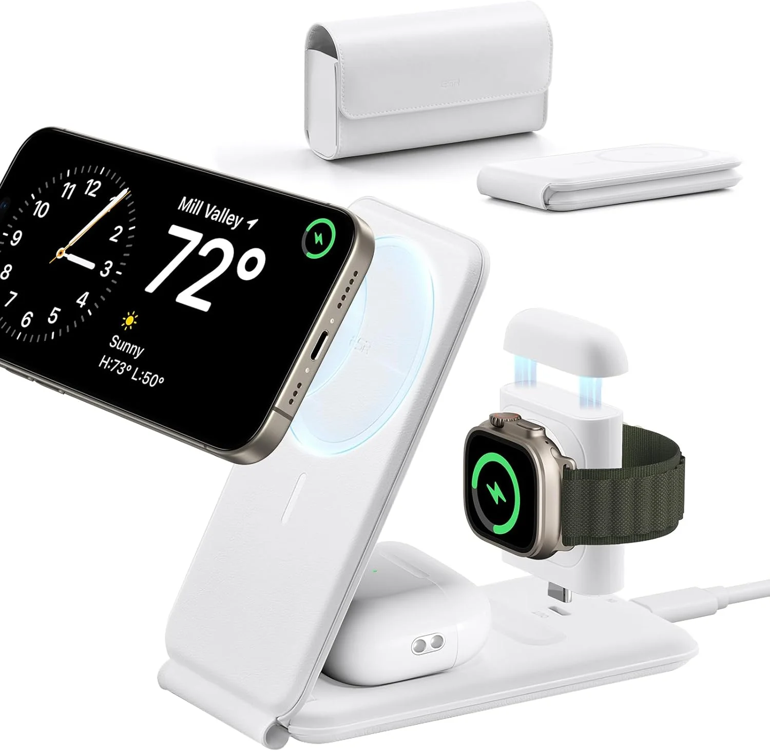 ESR 3-in-1 Travel Charging Station, MagSafe Charger, Made for Apple Watch Certified, Foldable Magnetic Wireless Charger for iPhone 17/16/15/14/13/12 Series, AirPods 4/3/AirPods Pro, White