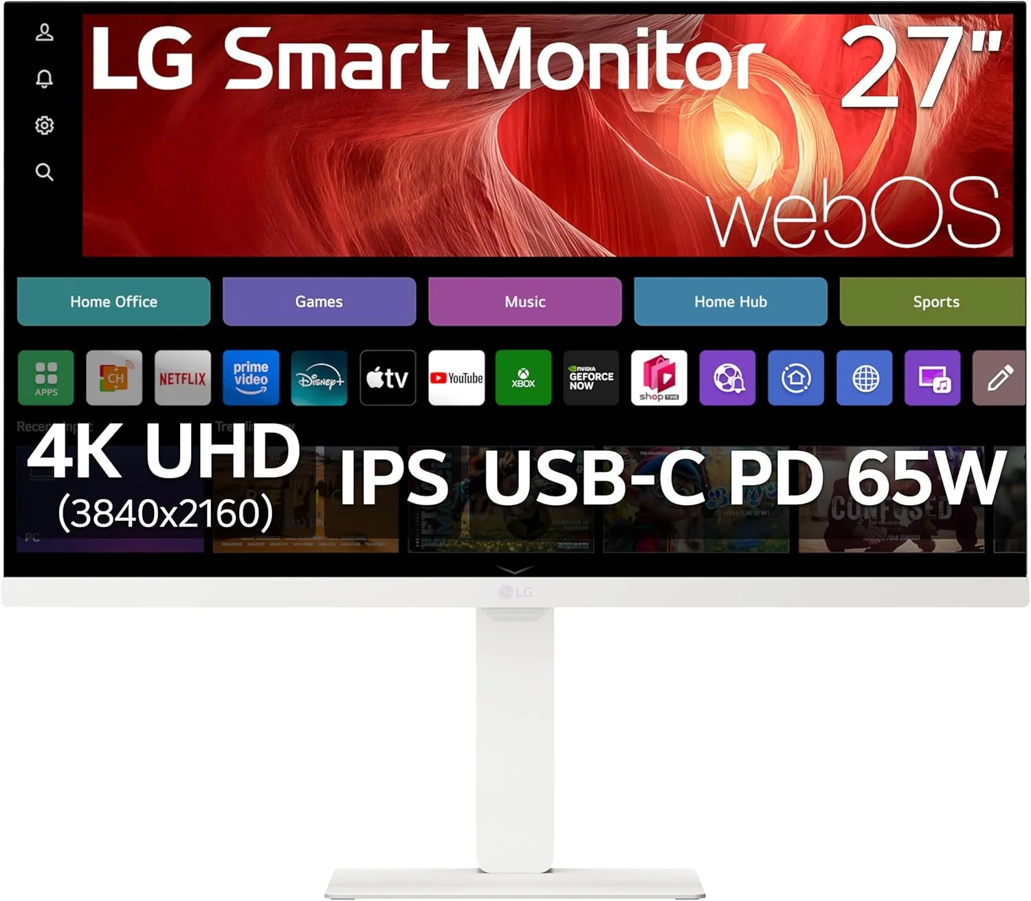 LG 27U730SA-W 27-Inch Smart 4K UHD (3840 x 2160) IPS Computer Monitor, HDR10, Built-in Speaker, Screen Share, Bluetooth, Remote Control, HDMI, USB Type-C PD 65W, Tilt/Height/Swivel/Pivot Stand, White