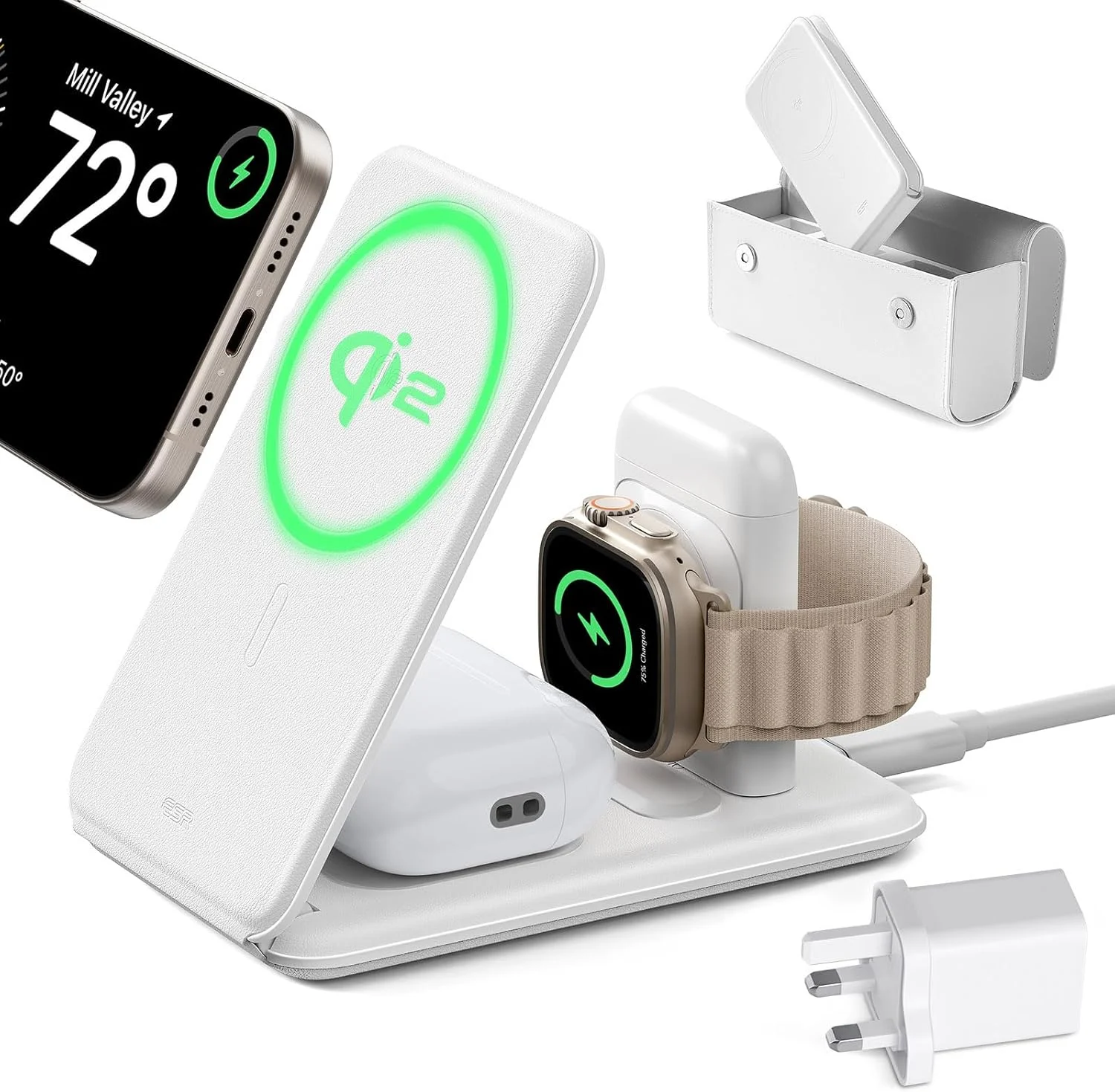 ESR Qi2 3 in 1 Magsafe Charger Stand, [Certified] Apple Watch Charger & 15W iPhone Magsafe Charging, Travel Portable Charging for iPhone 17/16/15/14/13/12 Series, AirPods 4/3/Pro, White, with Bag