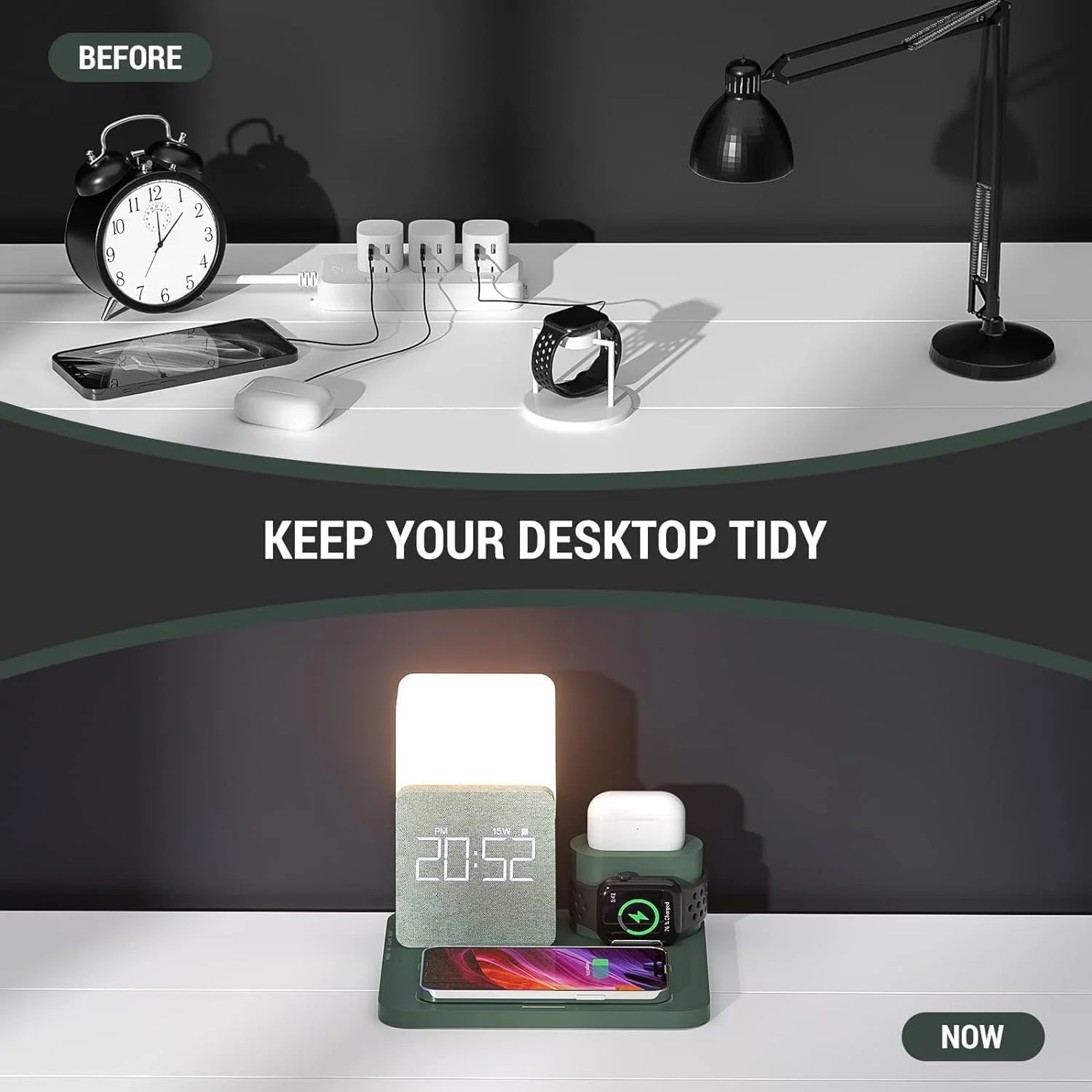 ELECDON 3 in 1 Wireless Charging Station - Fast Charger Dock with Alarm Clock, Night Light for iPhone, Samsung, AirPods, Business Gift